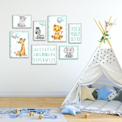 Novart Wandbilder Tiere - KOMPLETT AUFHÄNGFERTIG - Afrika Blau Kinderzimmer Mädchen Junge - 7 Moderne Mood-Bilder - N016671b