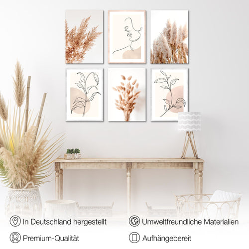 Novart Wandbilder Set Boho Pampasgras - KOMPLETT AUFHÄNGFERTIG - Made in Germany - Moderne Bilder  Wohnzimmer Schlafzimmer - N022164a