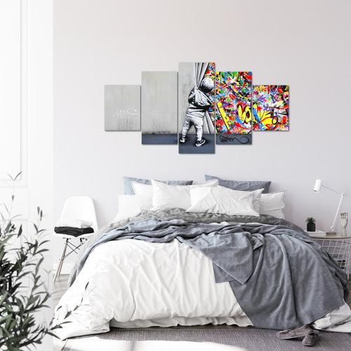 Runa Art - Bilder Junge hinter dem Vorhang 200 x 100 cm 5 Teilig XXL Wanddekoration Design Bunt 043551a
