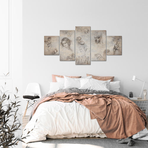 Runa Art - Bilder Berühmte Maler 200 x 100 cm 5 Teilig XXL Wanddekoration Design Skizzen Beige 010351a