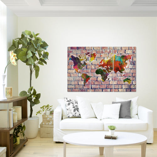 Runa Art Wandbilder Weltkarte Bild XXL Büro Wohnzimmer Rot Bunt Ziegelwand 120 x 80 cm 3 Teilig 106931c