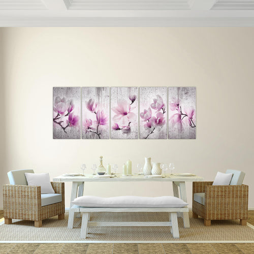 Runa Art Wandbild Blumen Magnolien 1 Teilig 100 x 40 cm Modern Bild auf Vlies Leinwand Abstrakt Wohnzimmer Grau Rosa 007712b