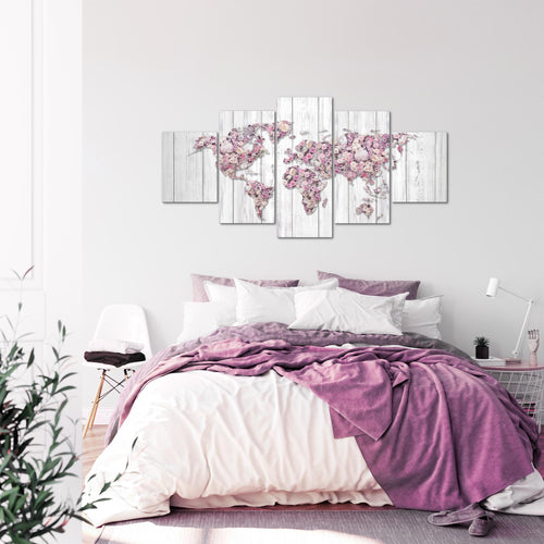 Runa Art Wandbilder Weltkarte Blumen 5 Teilig Bild auf Vlies Leinwand Deko Wohnzimmer Holz Rosa Grau 023252b