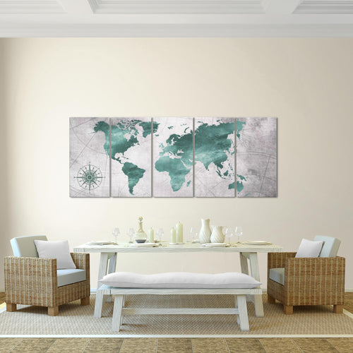 Runa Art Wandbild XXL Weltkarte Büro Wohnzimmer 200 x 80 cm Grün Grau 5 Teilig - Made in Germany - 026055c