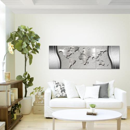 Runa Art - Bilder Weltkarte 120 x 40 cm 3 Teilig Wandbild auf Vlies Leinwand Silber Mehrteilig Modern 107233b