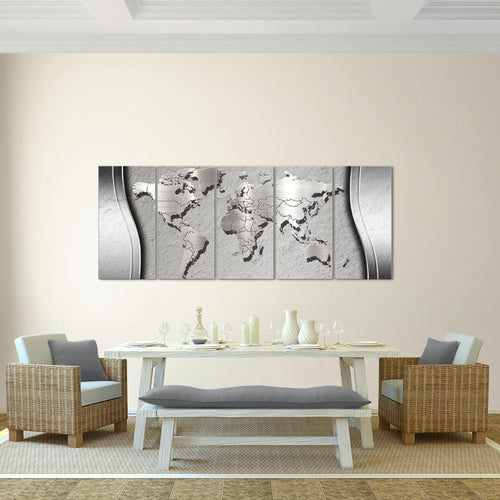 Runa Art Wandbild XXL Weltkarte Büro Wohnzimmer 200 x 80 cm Grau 5 Teilig - Made in Germany - 107255c