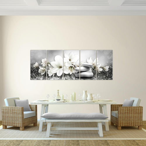 Runa Art Wandbild Blumen Magnolien 1 Teilig 100 x 40 cm Modern Bild auf Vlies Leinwand Abstrakt Wohnzimmer Schwarz Weiss 035412c