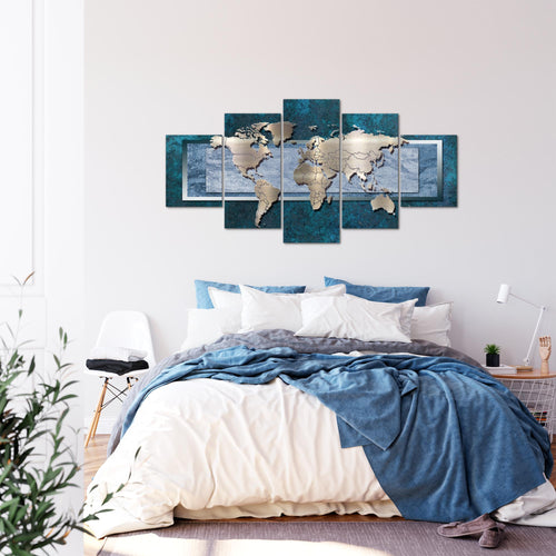 Runa Art Bild Büro Wohnzimmer Weltkarte 5 Teilig Landkarte metall Grün Wandbilder auf Vlies Leinwand 106753b
