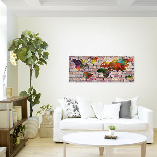 Runa Art Wandbild Weltkarte 1 Teilig 100 x 40 cm Modern Bild auf Vlies Leinwand Steinwand Büro Wohnzimmer Grau Bunt 106912b