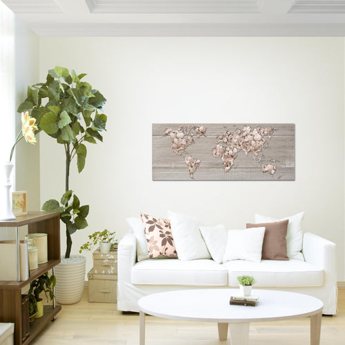 Runa Art Wandbild Weltkarte Blumen 1 Teilig 100 x 40 cm Modern Bild auf Vlies Leinwand Steinwand Wohnzimmer Grau Rosa 023212a