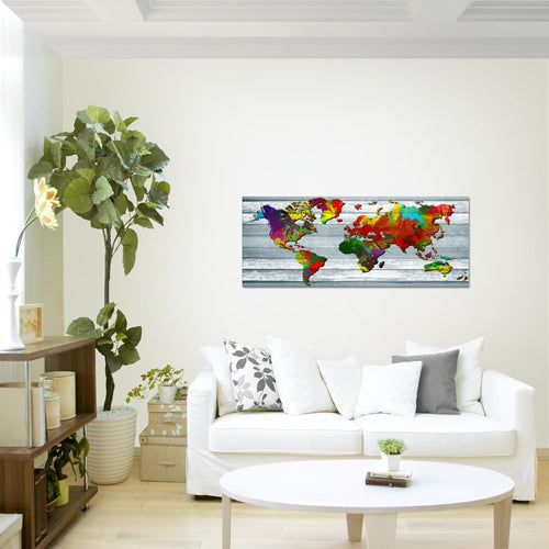 Runa Art Wandbild Weltkarte 1 Teilig 100 x 40 cm Modern Bild auf Vlies Leinwand Vintage Holz Büro Wohnzimmer Bunt 105412a