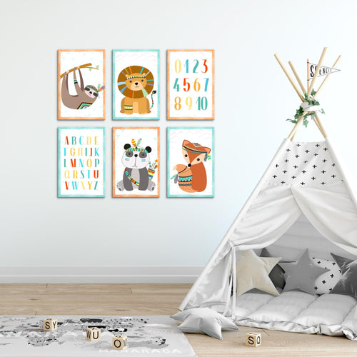Novart Wandbilder - KEIN EXTRA RAHMEN BENÖTIGT - Kinderzimmer Mädchen Junge - Bilder Modern Tiere - Indianer - N000265b