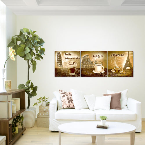 Runa Art - Bilder Küche Kaffee 120 x 40 cm 3 Teilig Wandbild auf Vlies Leinwand Braun Mehrteilig Modern 500733a