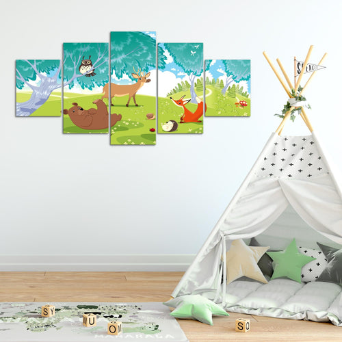 Runa Art Wandbilder Waldtiere 5 Teilig Bild auf Vlies Leinwand Deko Spielzimmer Baby Kinderzimmer Junge Mädchen 001852c