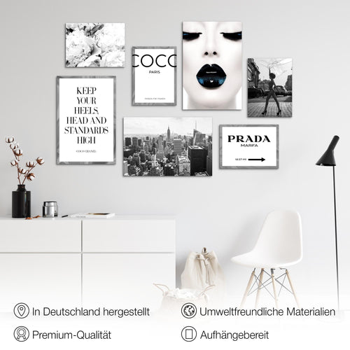 Novart Wandbilder Coco - KOMPLETT AUFHÄNGFERTIG - Schwarz Weiss Wohnzimmer Mädchen Teenager - 7 Moderne Mood-Bilder - N016371b
