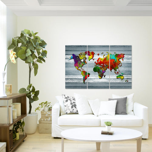 Runa Art Wandbilder Weltkarte Bild XXL Büro Wohnzimmer Bunt Kontinente Holz 120 x 80 cm 3 Teilig 105431b
