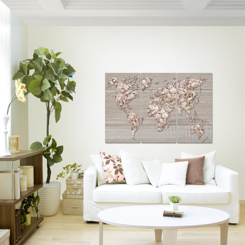 Runa Art Wandbilder Weltkarte Blumen Bild XXL Wohnzimmer Schlafzimmer Grau Rosa Vintage 120 x 80 cm 3 Teilig 023231b