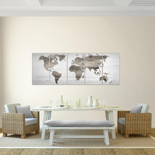 Runa Art Wandbild Weltkarte 1 Teilig 100 x 40 cm Modern Bild auf Vlies Leinwand Holzoptik Büro Wohnzimmer Beige Braun 035012b