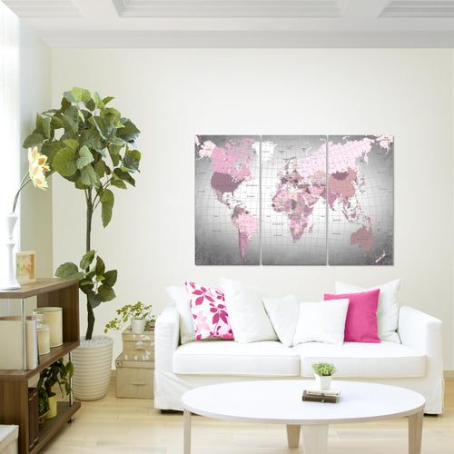 Runa Art Wandbilder Weltkarte Bild XXL Büro Wohnzimmer Rosa Grau Kontinente 120 x 80 cm 3 Teilig 023331c