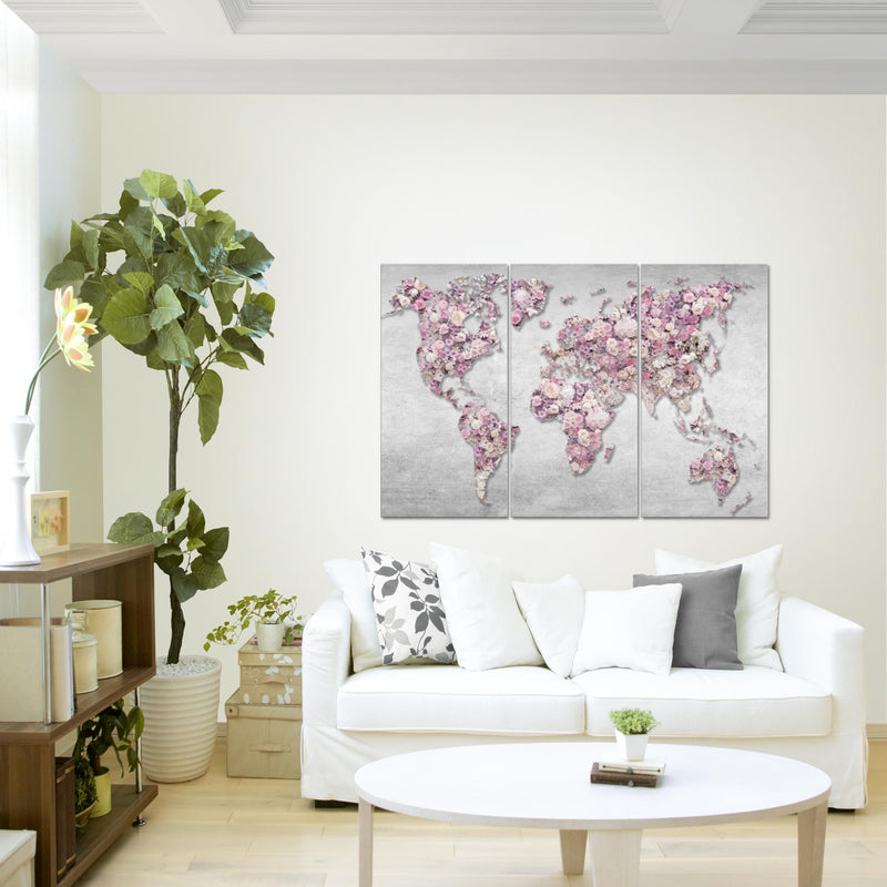 Runa Art Wandbilder Weltkarte Blumen Bild XXL Wohnzimmer Schlafzimmer Grau Rosa Vintage 120 x 80 cm 3 Teilig 023231b