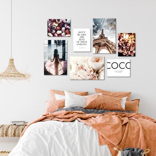 Novart Wandbilder Fashion Paris - KOMPLETT AUFHÄNGFERTIG - Coco Wohnzimmer Mädchen Teenager - 7 Moderne Mood-Bilder - N008271a