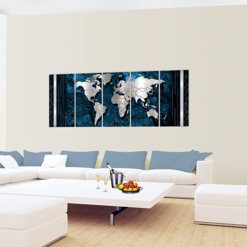 Runa Art Wandbild XXL Weltkarte Büro Wohnzimmer 200 x 80 cm Blau 5 Teilig - Made in Germany - 107355b