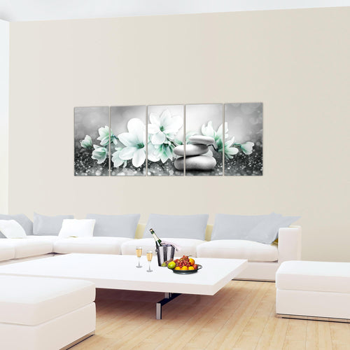 Runa Art Wandbild Blumen Magnolien 1 Teilig 100 x 40 cm Modern Bild auf Vlies Leinwand Abstrakt Wohnzimmer Grau Türkis 035412b