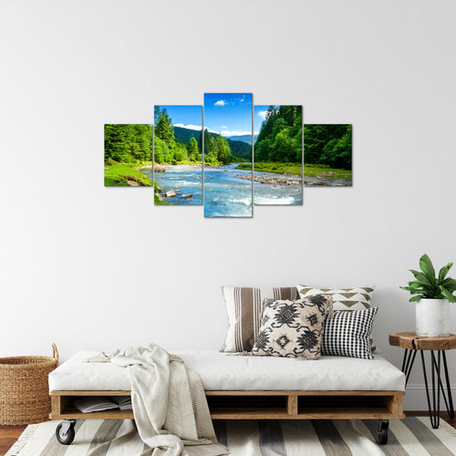Runa Art Bild Wohnzimmer Schlafzimmer Wald Fluss 5 Teilig Natur Grün Blau Wandbilder auf Vlies Leinwand 049853a
