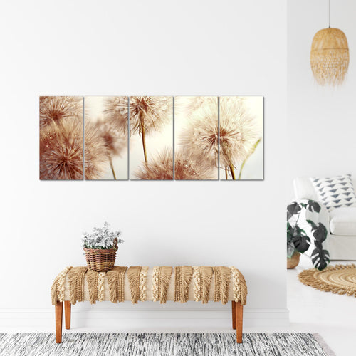 Runa Art Wandbild XXL Blumen Pusteblumen Wohnzimmer Schlafzimmer 200 x 80 cm Beige 5 Teilig - Made in Germany - 042055b