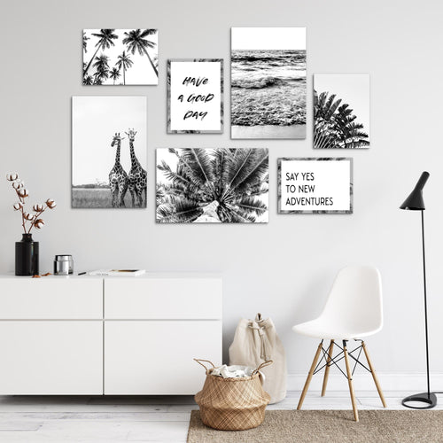 Novart Wandbilder Afrika Giraffen - KOMPLETT AUFHÄNGFERTIG - Palmen Wohnzimmer Schlafzimmer - 7 Moderne Mood-Bilder - N014371a