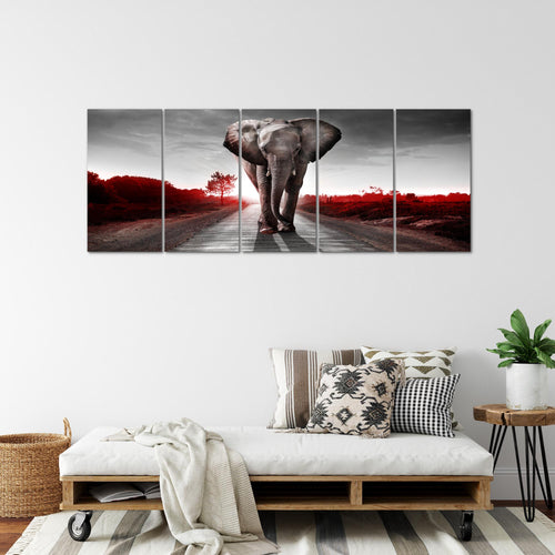 Runa Art Wandbild XXL Afrika Elefant Wohnzimmer Schlafzimmer 200 x 80 cm Braun 5 Teilig - Made in Germany - 042655a