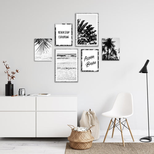 Novart Wandbilder Set Palmen Schwarz Weiss - KEIN EXTRA RAHMEN BENÖTIGT -  Modern Deko  - Wohnzimmer Schlafzimmer N013963a
