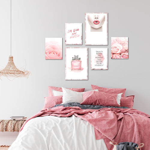 Novart Wandbilder Set Fashion Rosa - KEIN EXTRA RAHMEN BENÖTIGT -  Modern Deko  - Wohnzimmer Mädchen Teenager N015863a