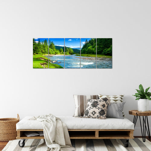 Runa Art Wandbild Wald Fluss 200 x 80 cm Modern Bild auf Vlies Leinwand Natur Wohnzimmer Schlafzimmer Grün Blau 049855a