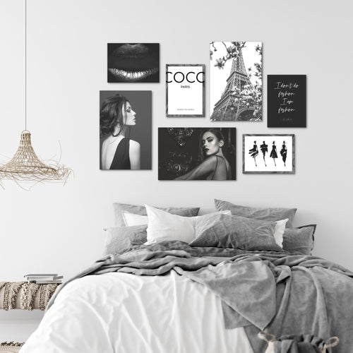Novart Wandbilder Fashion - KOMPLETT AUFHÄNGFERTIG - Schwarz Weiss Wohnzimmer Mädchen Teenager - 7 Moderne Mood-Bilder - N000871a