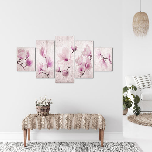 Runa Art Wandbilder Blumen Magnolien 5 Teilig Bild auf Vlies Leinwand Deko Wohnzimmer Abstrakt Grau Rosa 007752b