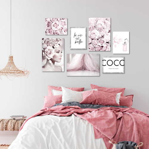 Novart Wandbilder Coco Fashion - KOMPLETT AUFHÄNGFERTIG - Grau Rosa Wohnzimmer Mädchen Teenager - 7 Moderne Mood-Bilder - N000771a