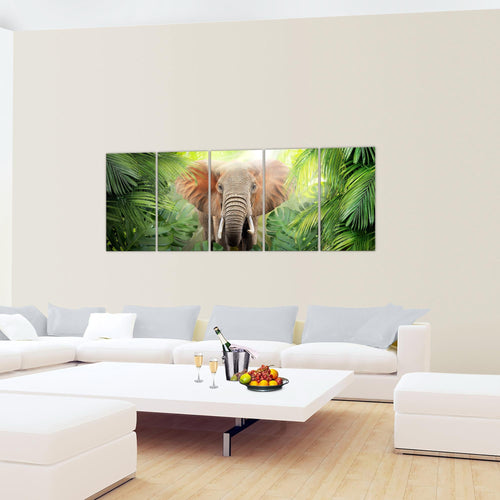 Runa Art Wandbild Elefant Abstrakt 1 Teilig 100 x 40 cm Modern Bild auf Vlies Leinwand Natur Wohnzimmer Schlafzimmer Grün 037512b