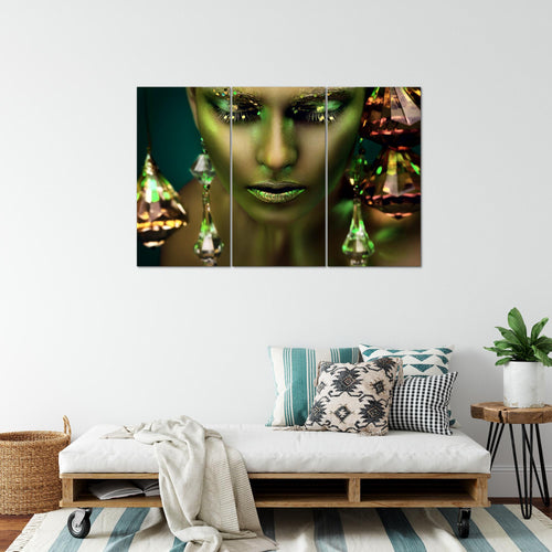 Runa Art Wandbilder Frau Gesicht Lippen Bild XXL Wohnzimmer Schlafzimmer Grün Gold Kosmetik Fashion 120 x 80 cm 3 Teilig 042131b
