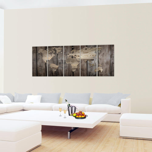 Runa Art Wandbild Weltkarte 1 Teilig 100 x 40 cm Modern Bild auf Vlies Leinwand Holzoptik Büro Wohnzimmer Beige Braun 035012b