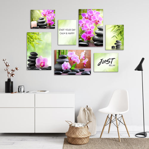 Novart Wandbilder Feng Shui Zen Stein - KOMPLETT AUFHÄNGFERTIG - Grün Lila Wohnzimmer Schlafzimmer - 7 Moderne Mood-Bilder - N003471a