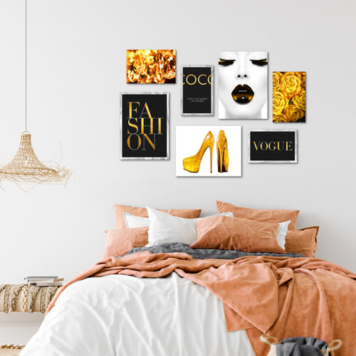 Novart Wandbilder Fashion - KOMPLETT AUFHÄNGFERTIG - Schwarz Weiss Violett Wohnzimmer Mädchen Teenager - 7 Moderne Mood-Bilder - N002271c