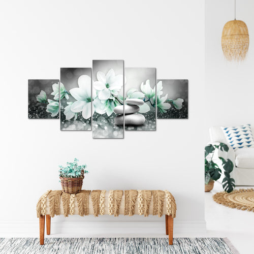 Runa Art Bild Wohnzimmer Schlafzimmer Blumen Magnolien 5 Teilig Abstrakt Grau Türkis Wandbilder auf Vlies Leinwand 035453b