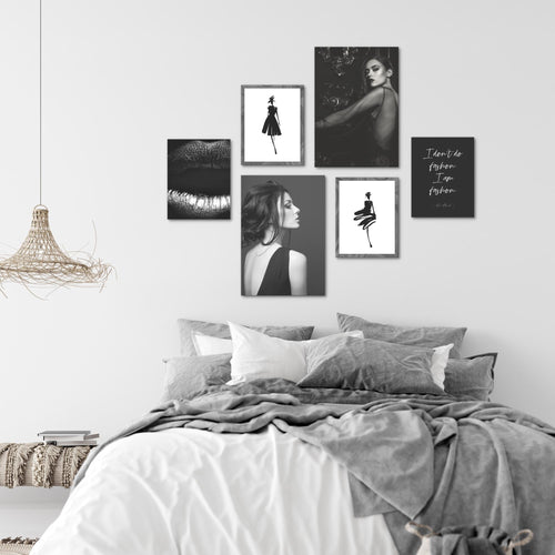 Novart Wandbilder Set Fashion Schwarz Weiss - KEIN EXTRA RAHMEN BENÖTIGT -  Modern Deko  - Wohnzimmer Mädchen Teenager N000863a