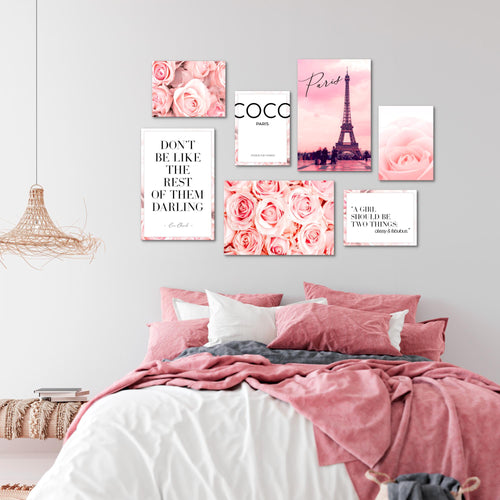 Novart Wandbilder Blumen Coco - KOMPLETT AUFHÄNGFERTIG - Beauty Rosa Zitate Mädchenzimmer Teenager - 7 Moderne Mood-Bilder - N016171a