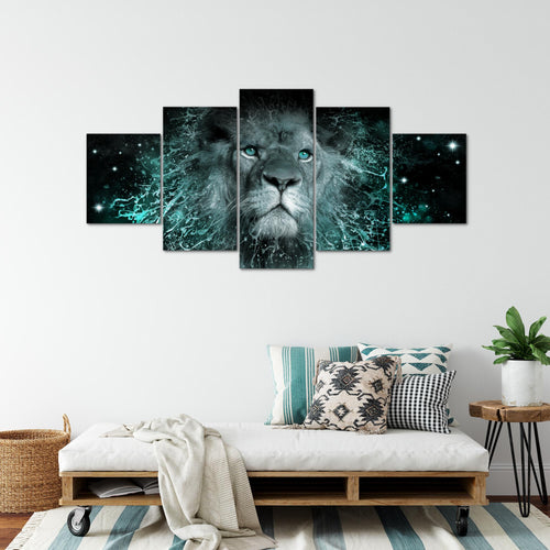 Runa Art - Bilder Afrika Löwe 200 x 100 cm 5 Teilig XXL Wanddekoration Design Schwarz Türkis 040751b