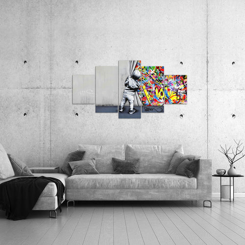 Runa Art Bild Loft Wohnzimmer Boy Behind the curtain 5 Teilig Streetart Graffiti Bunt Wandbilder auf Vlies Leinwand 043553a