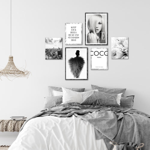 Novart Wandbilder Set Fashion Schwarz Weiss - KEIN EXTRA RAHMEN BENÖTIGT -  Modern Deko  - Wohnzimmer Mädchen Teenager N002163a