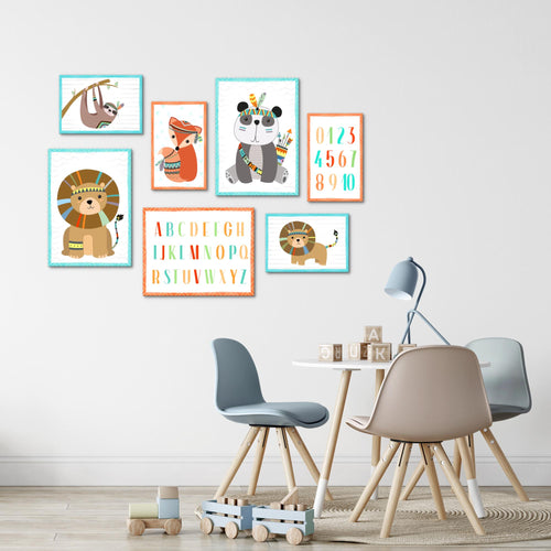 Novart Wandbilder Tiere - KOMPLETT AUFHÄNGFERTIG - Indianer Kinderzimmer Mädchen Junge - 7 Moderne Mood-Bilder - N000271b