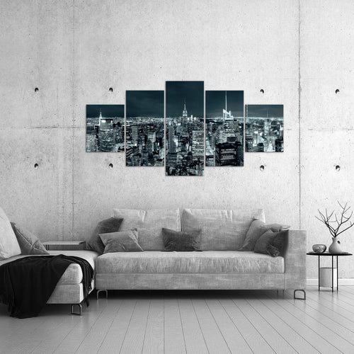 Runa Art Bild Wohnzimmer Büro New York Skyline 5 Teilig Städte Violett Lila Wandbilder auf Vlies Leinwand 036253a